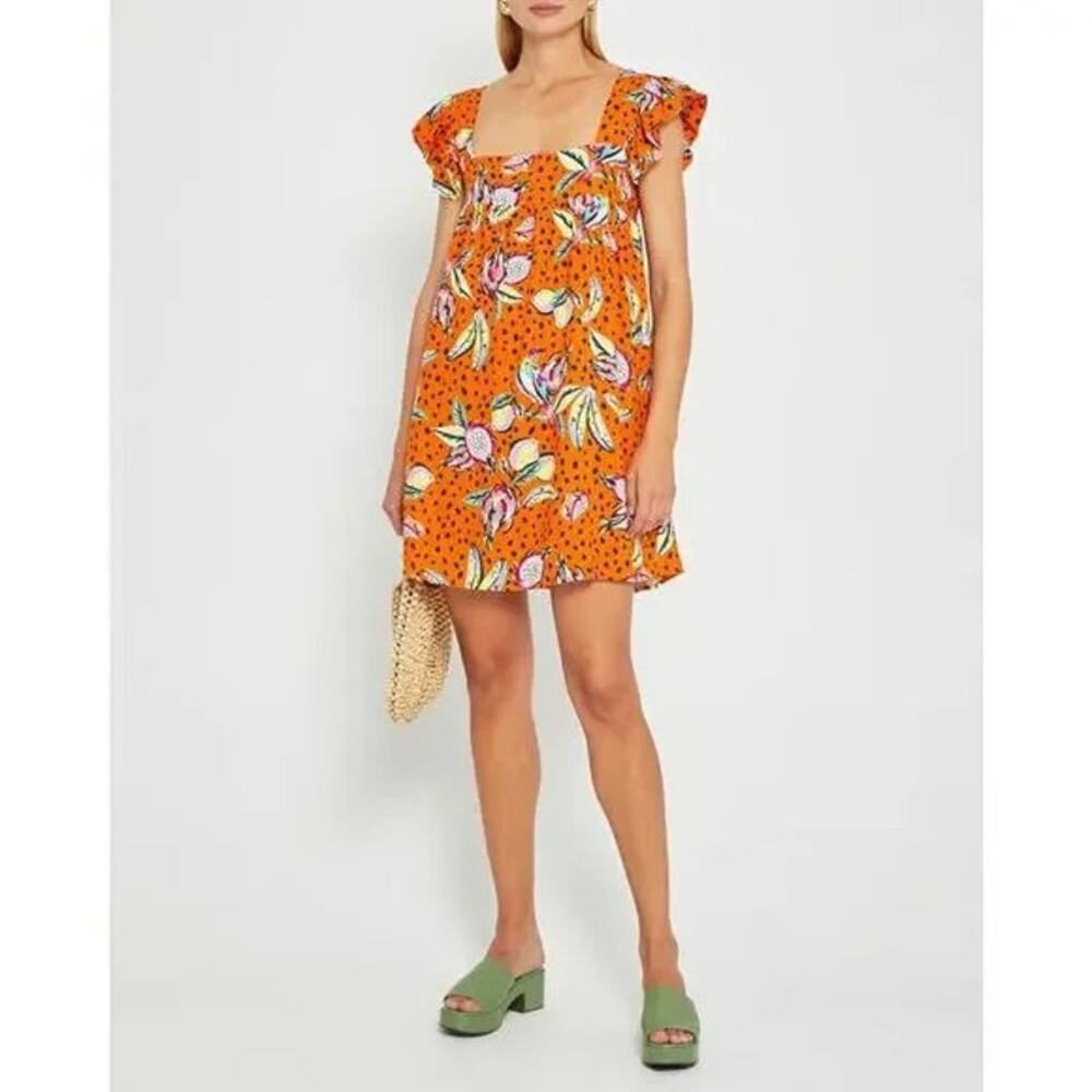 Anthropologie Kourt Aria Linen Tropical Babydoll Mini Dress | Orange | SZ XS